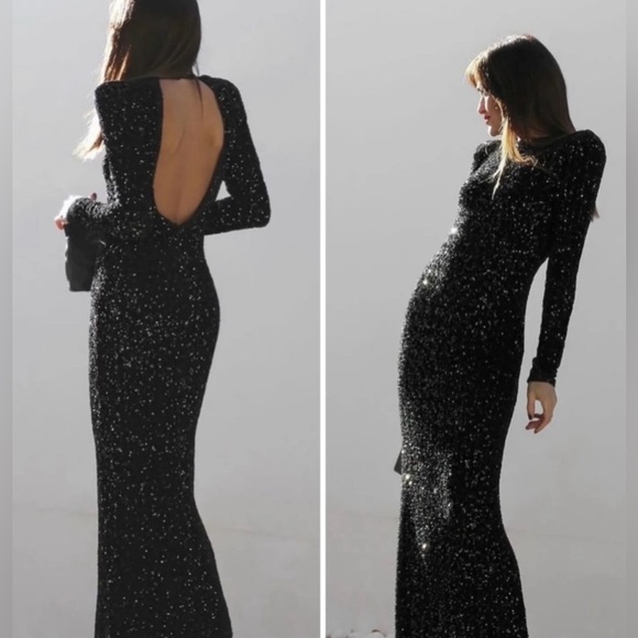 Zara Dresses & Skirts - Zara NWOT Black Sequin Long Sleeve Maxi Dress with Shoulder Pads Size X-Large